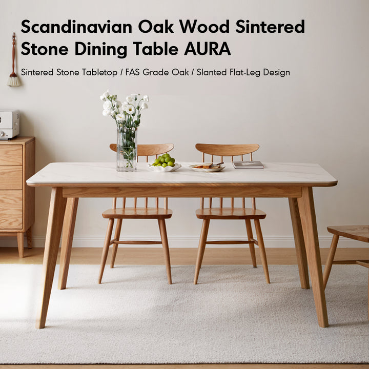 Scandinavian oak wood sintered stone dining table aura material variants.