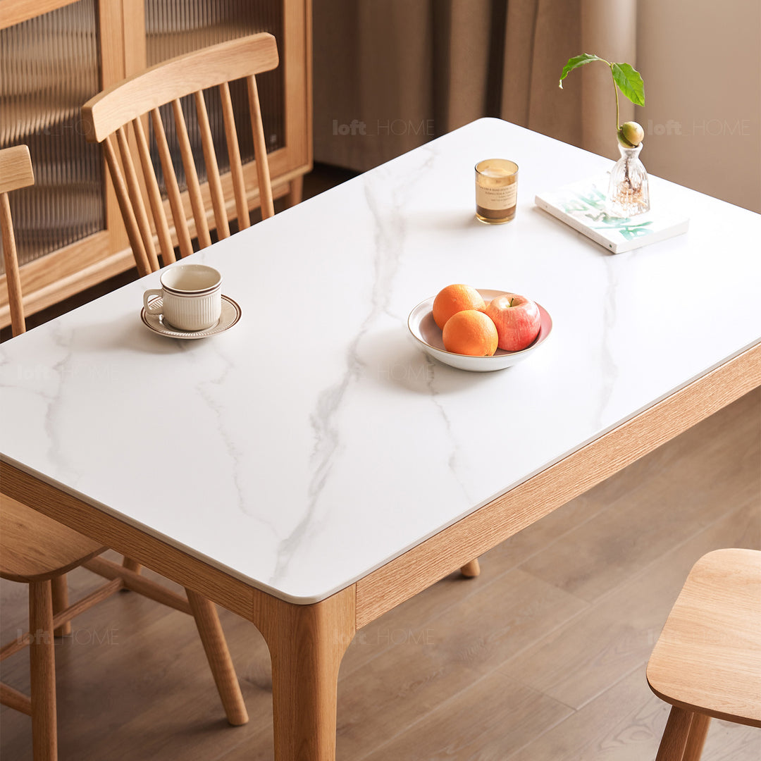 Scandinavian oak wood sintered stone dining table oaklin in close up details.