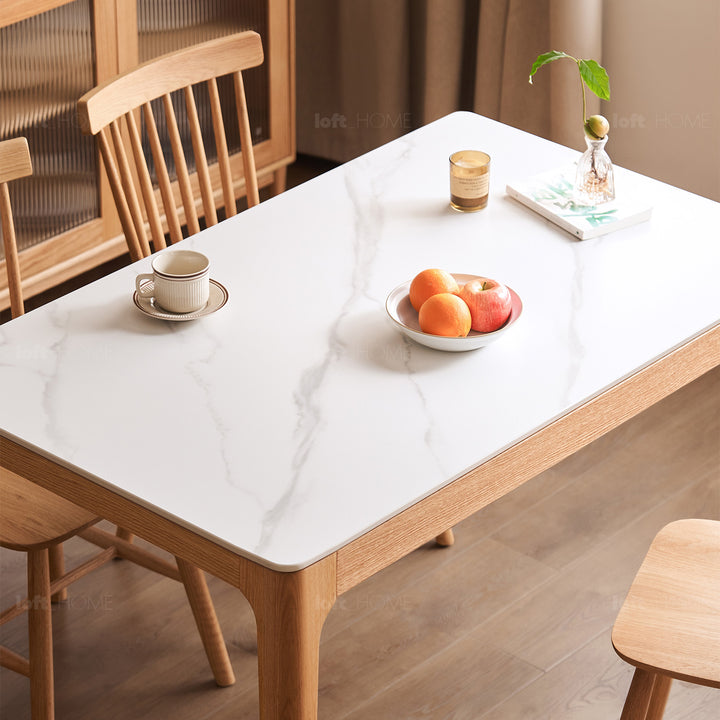 Scandinavian oak wood sintered stone dining table oaklin in close up details.