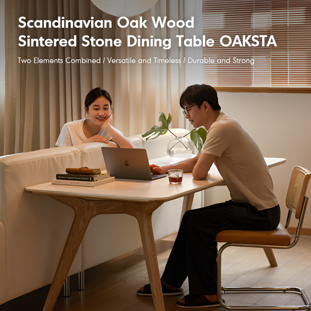 Scandinavian oak wood sintered stone dining table oaksta material variants.