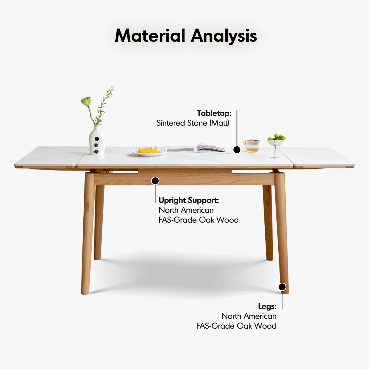 Scandinavian oak wood sintered stone extendable dining table flex detail 12.
