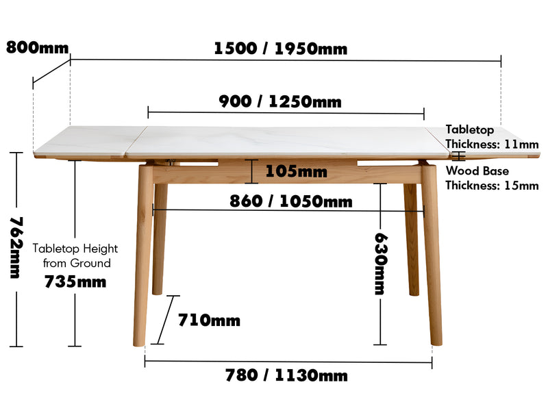 Scandinavian Oak Wood Sintered Stone Extendable Dining Table FLEX Size Chart