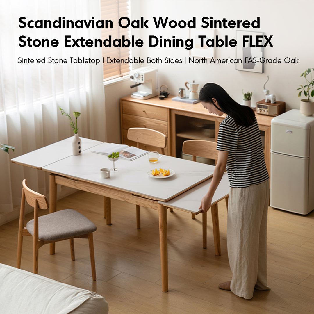 Scandinavian oak wood sintered stone extendable dining table flex material variants.