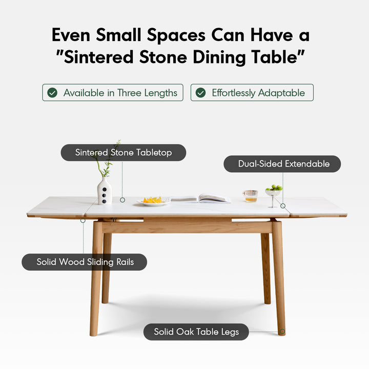 Scandinavian oak wood sintered stone extendable dining table flex in real life style.