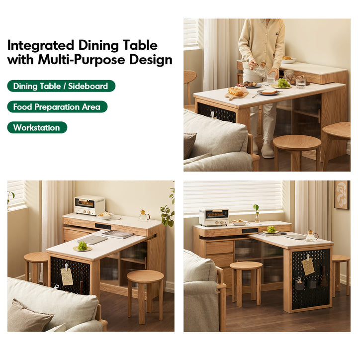 Scandinavian oak wood sintered stone extendable island dining table with cabinet moducab with context.