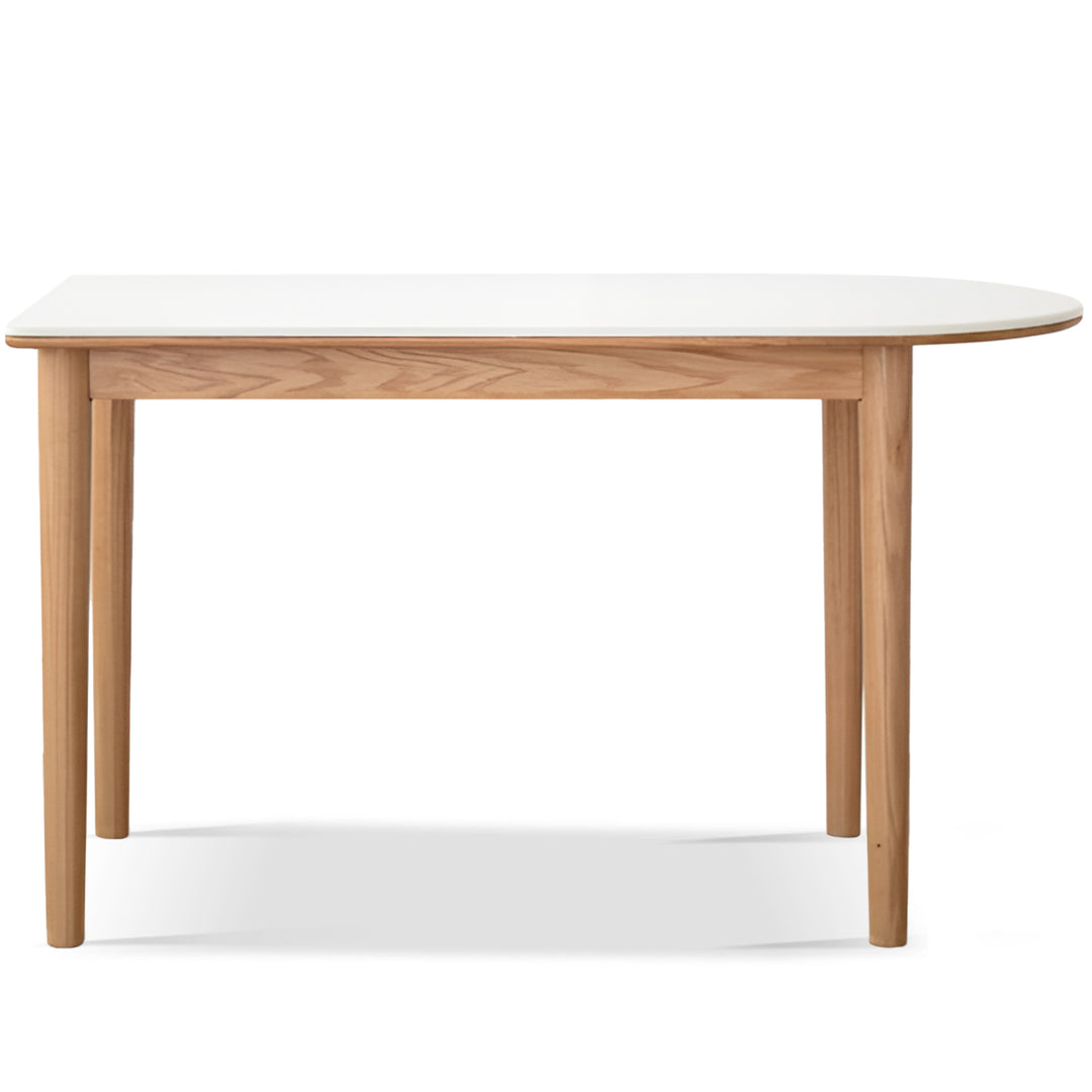 Scandinavian oak wood sintered stone half oval dining table halo in white background.