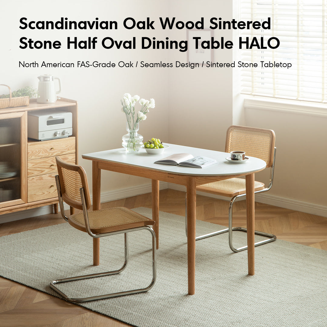 Scandinavian oak wood sintered stone half oval dining table halo material variants.