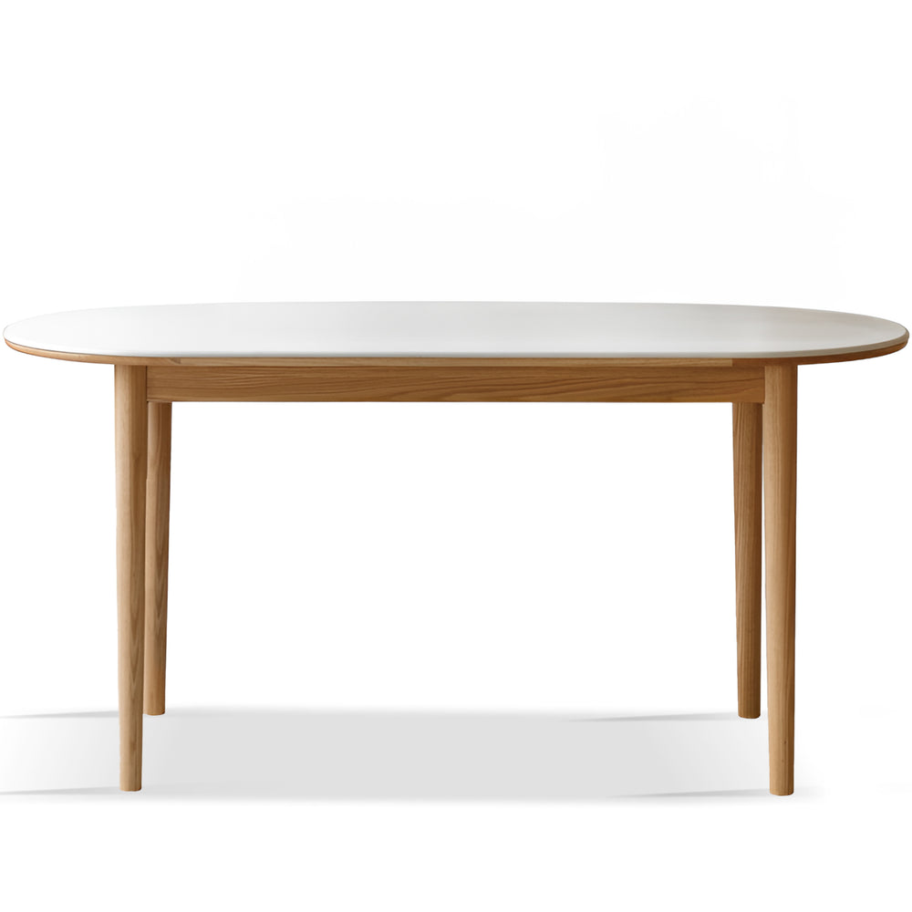 Scandinavian oak wood sintered stone oval dining table nova in white background.