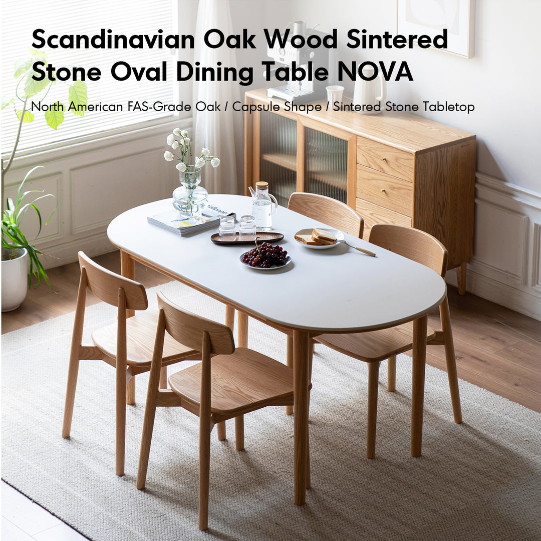 Scandinavian oak wood sintered stone oval dining table nova material variants.