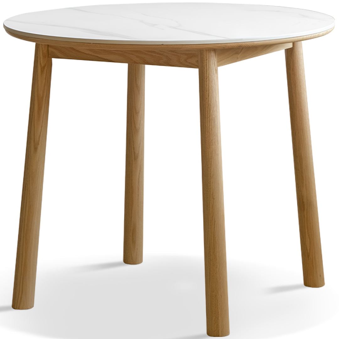 Scandinavian oak wood sintered stone round dining table orb in white background.