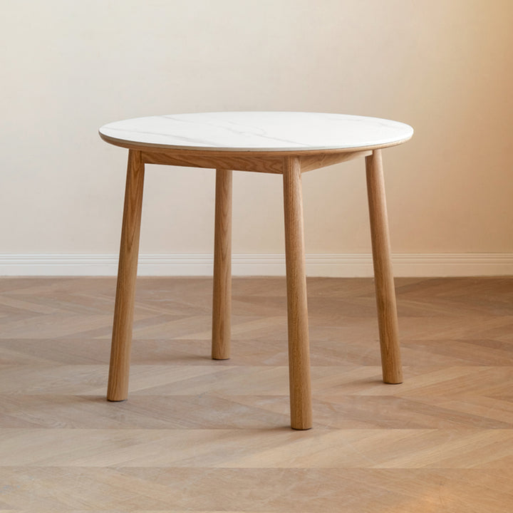 Scandinavian oak wood sintered stone round dining table orb detail 7.