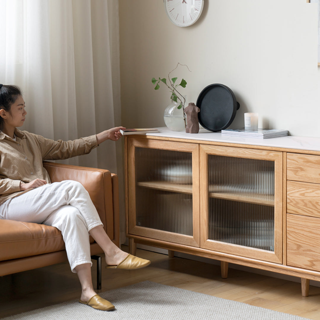 Scandinavian oak wood sintered stone storage side cabinet beam detail 11.