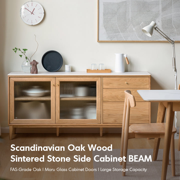 Scandinavian oak wood sintered stone storage side cabinet beam in real life style.