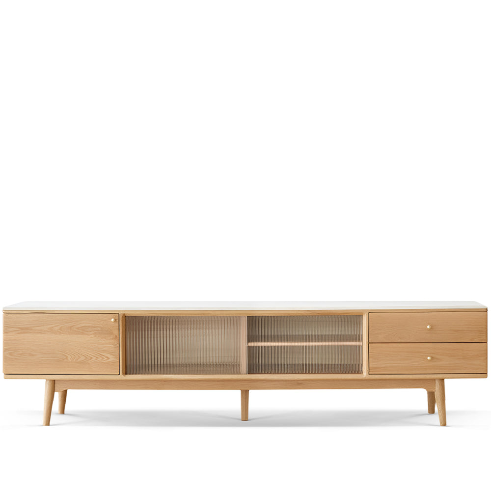 Scandinavian oak wood sintered stone tv console beam in white background.