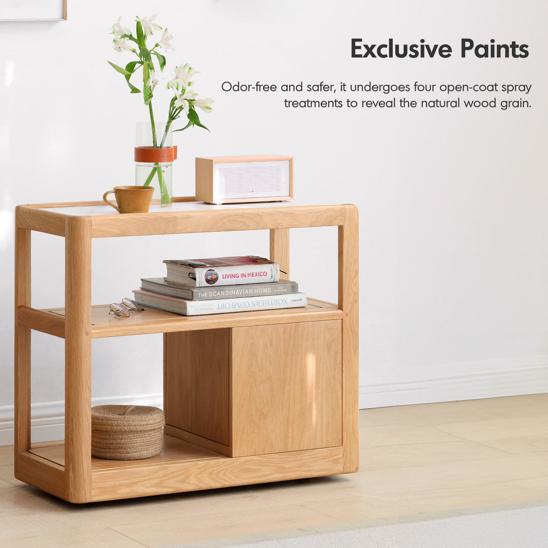 Scandinavian oak wood sintered stone wheeled trolley side table liva situational feels.