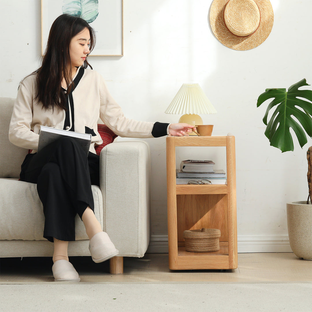 Scandinavian oak wood sintered stone wheeled trolley side table liva primary product view.