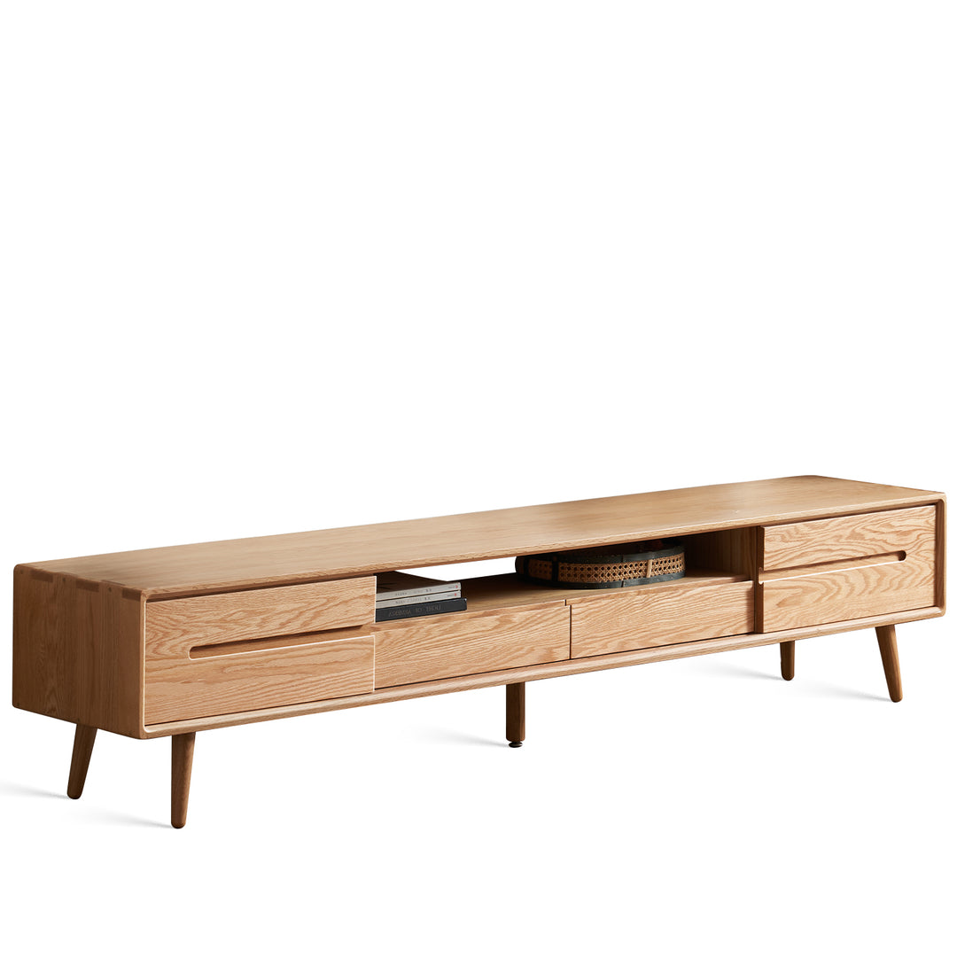 Scandinavian oak wood sliding door tv console linea in white background.