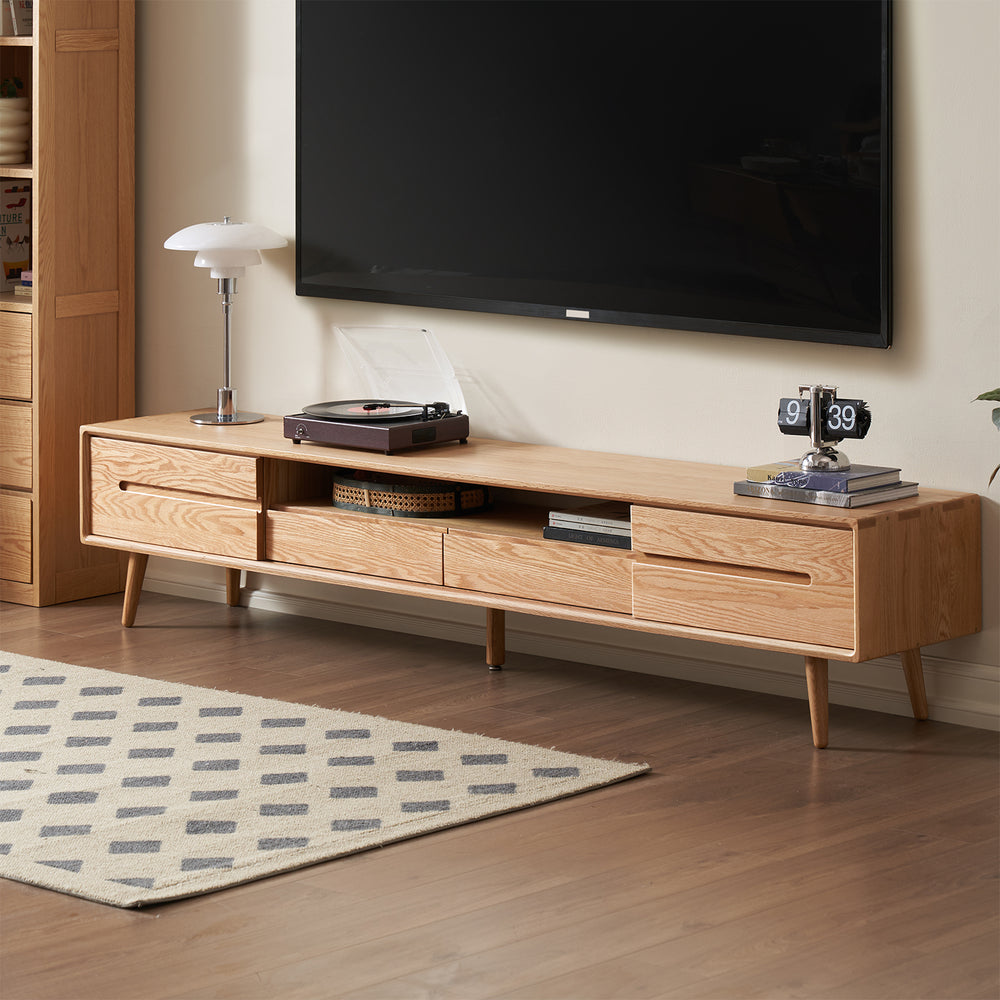 Scandinavian oak wood sliding door tv console linea primary product view.