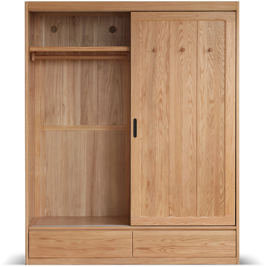 Scandinavian oak wood sliding door wardrobe with drawers align in white background.