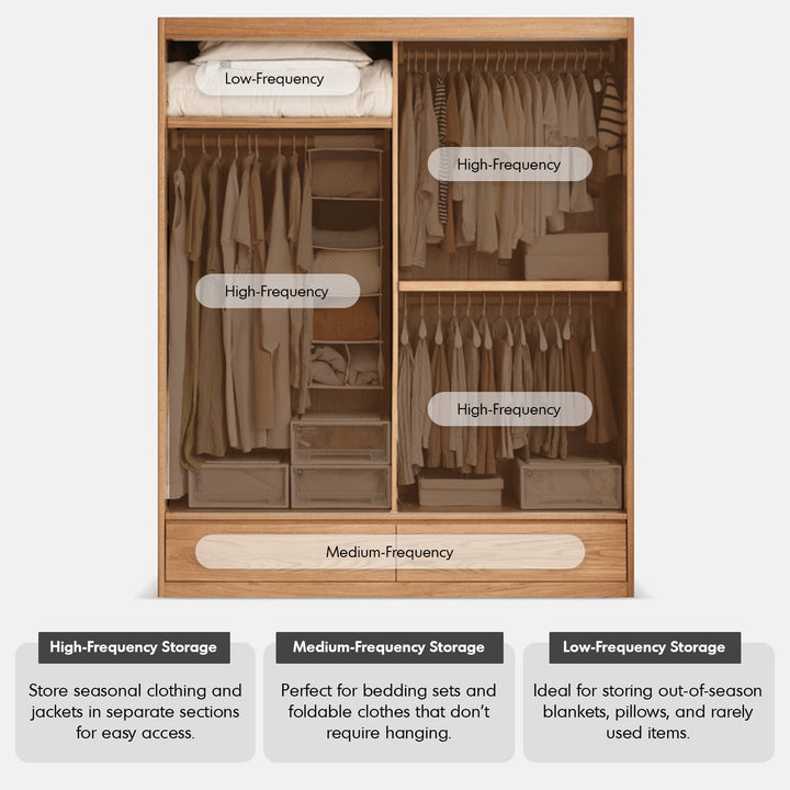 Scandinavian oak wood sliding door wardrobe align in panoramic view.