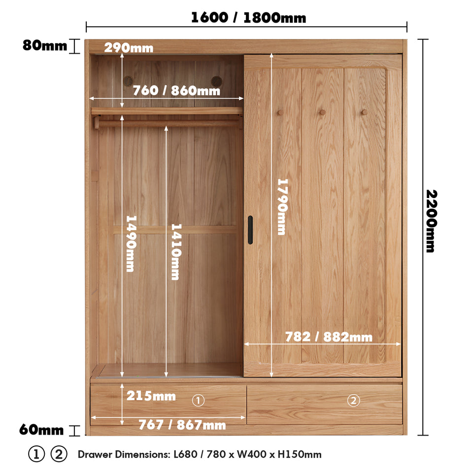 Scandinavian oak wood sliding door wardrobe with drawers align size charts.