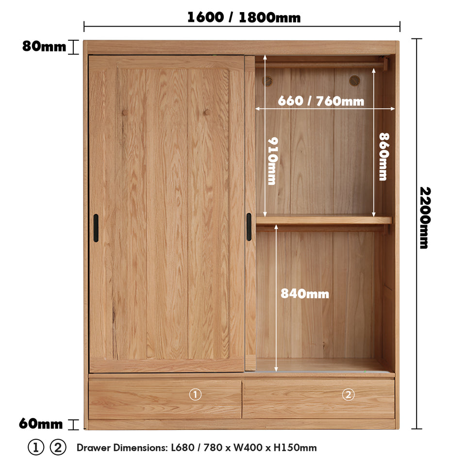 Scandinavian oak wood sliding door wardrobe with drawers align color swatches.