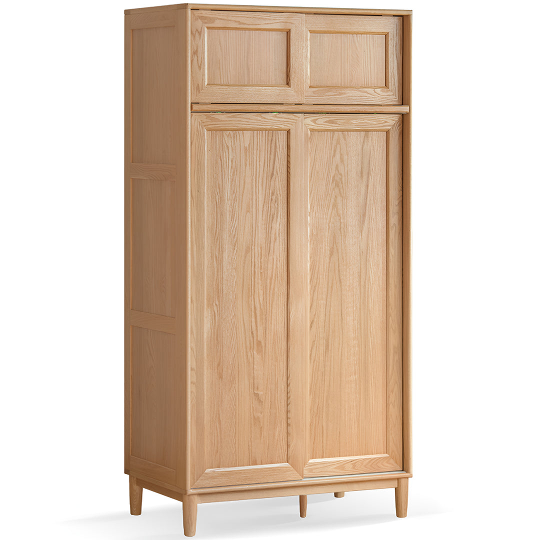 Scandinavian oak wood sliding door wardrobe edge in white background.