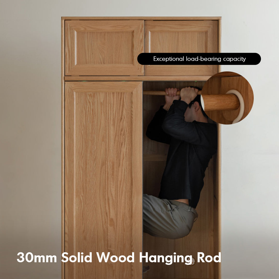 Scandinavian oak wood sliding door wardrobe edge layered structure.