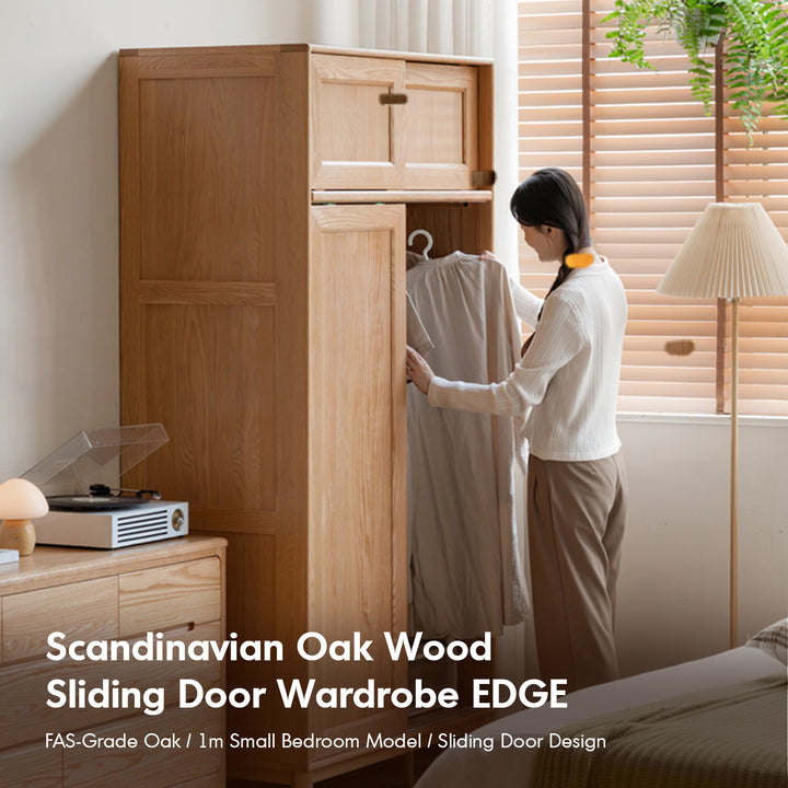 Scandinavian oak wood sliding door wardrobe edge in real life style.