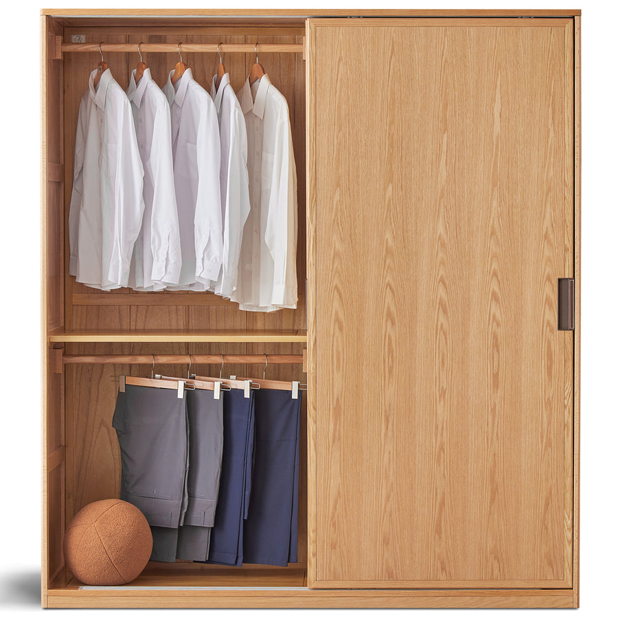 Scandinavian oak wood sliding door wardrobe oakley in white background.