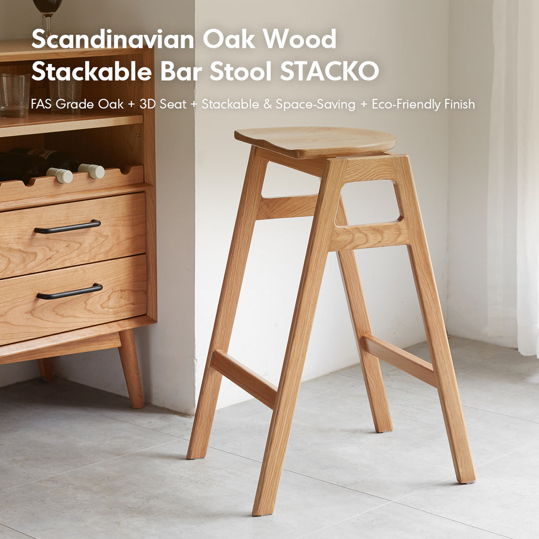 Scandinavian oak wood stackable bar stool stacko material variants.