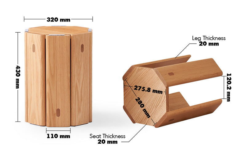 Scandinavian Oak Wood Stackable Stool Side Table 2pcs Set STACKA Size Chart