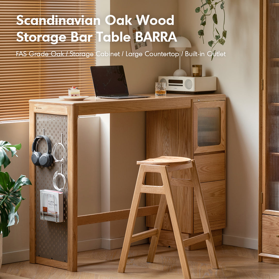 Scandinavian oak wood storage bar table barra material variants.