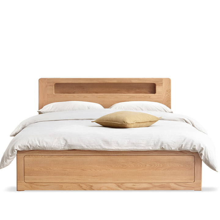 Scandinavian oak wood storage bed cache in white background.