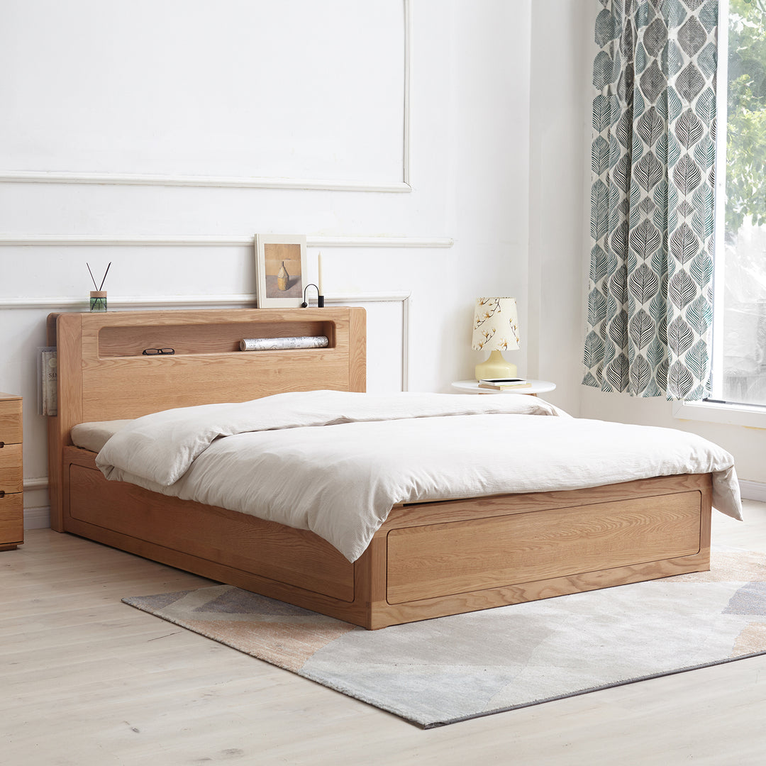 Scandinavian oak wood storage bed cache primary product view.