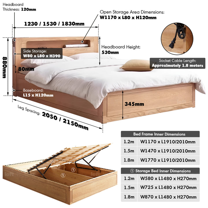 Scandinavian oak wood storage bed cache size charts.