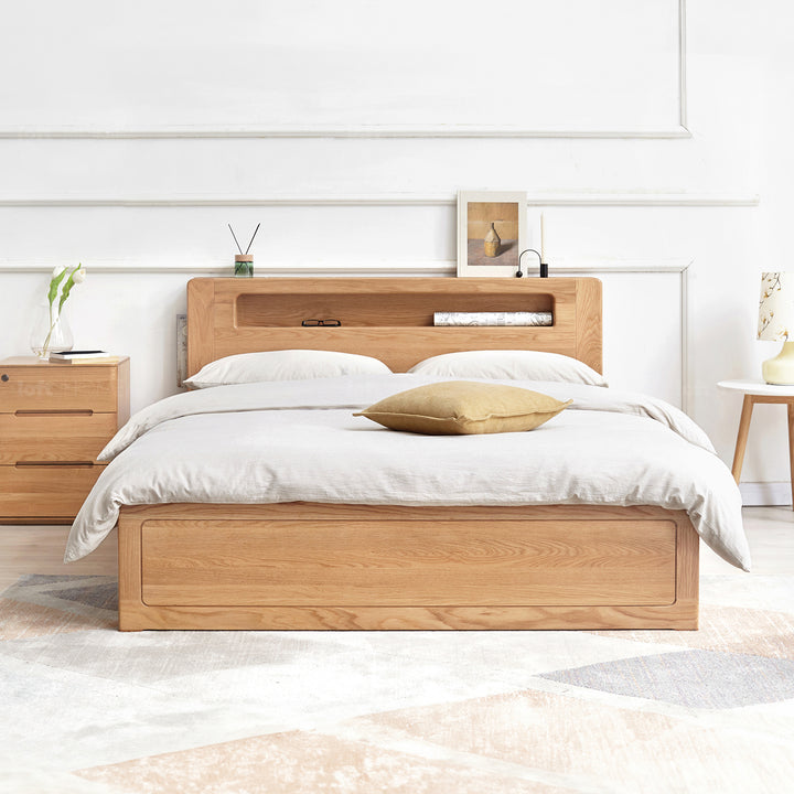 Scandinavian oak wood storage bed cache in real life style.