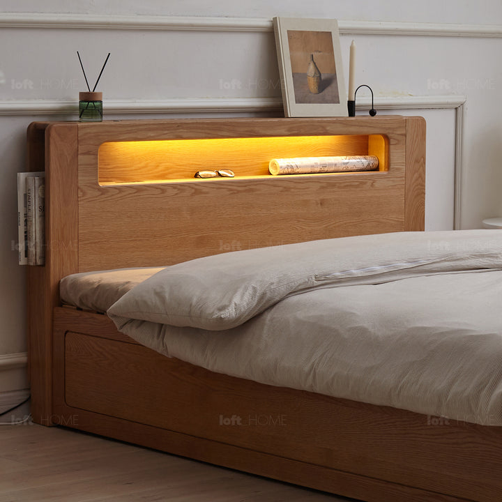 Scandinavian oak wood storage bed cache in details.