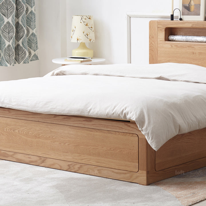 Scandinavian oak wood storage bed cache in close up details.