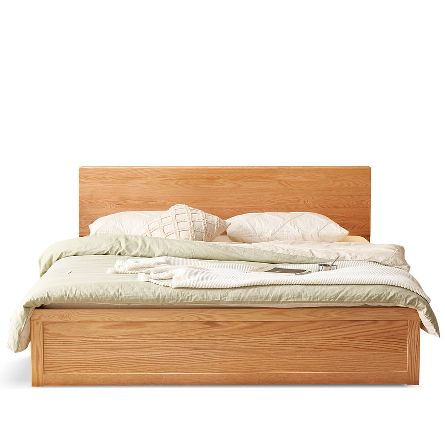 Scandinavian oak wood storage bed shelter in white background.