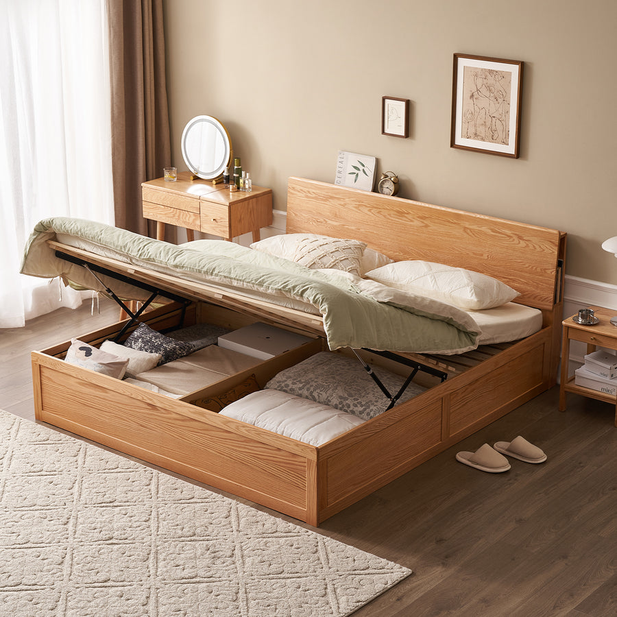 Scandinavian oak wood storage bed shelter primary product view.