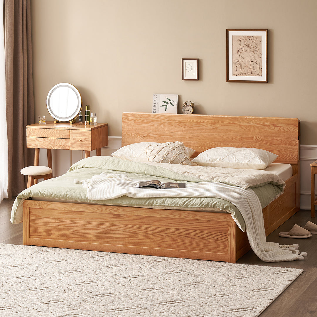 Scandinavian oak wood storage bed shelter detail 12.