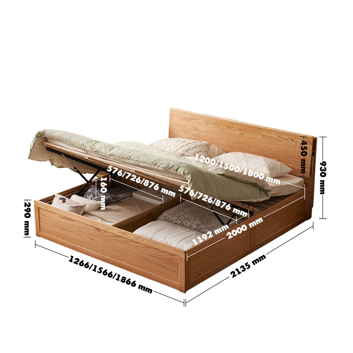 Scandinavian oak wood storage bed shelter size charts.