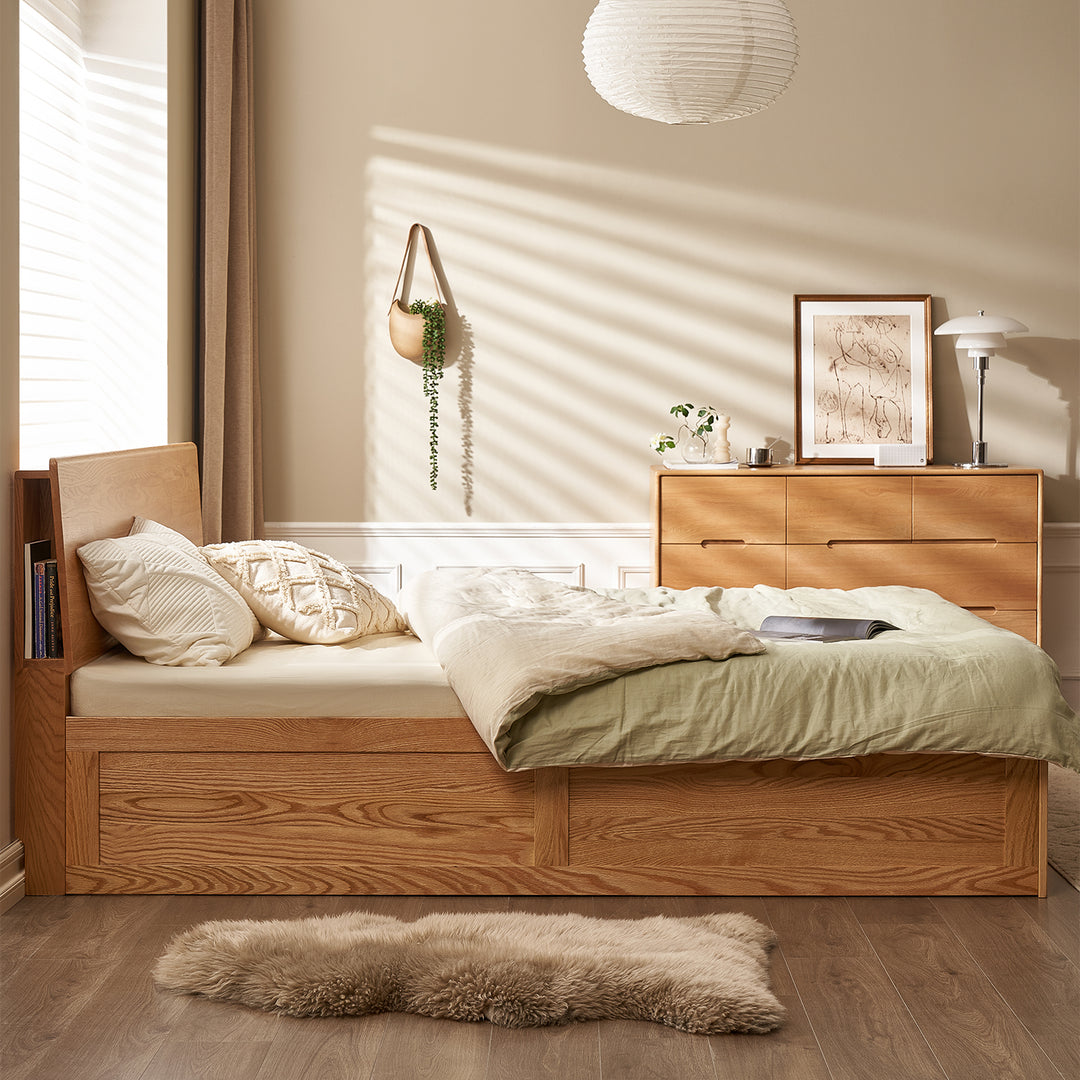 Scandinavian oak wood storage bed shelter detail 15.