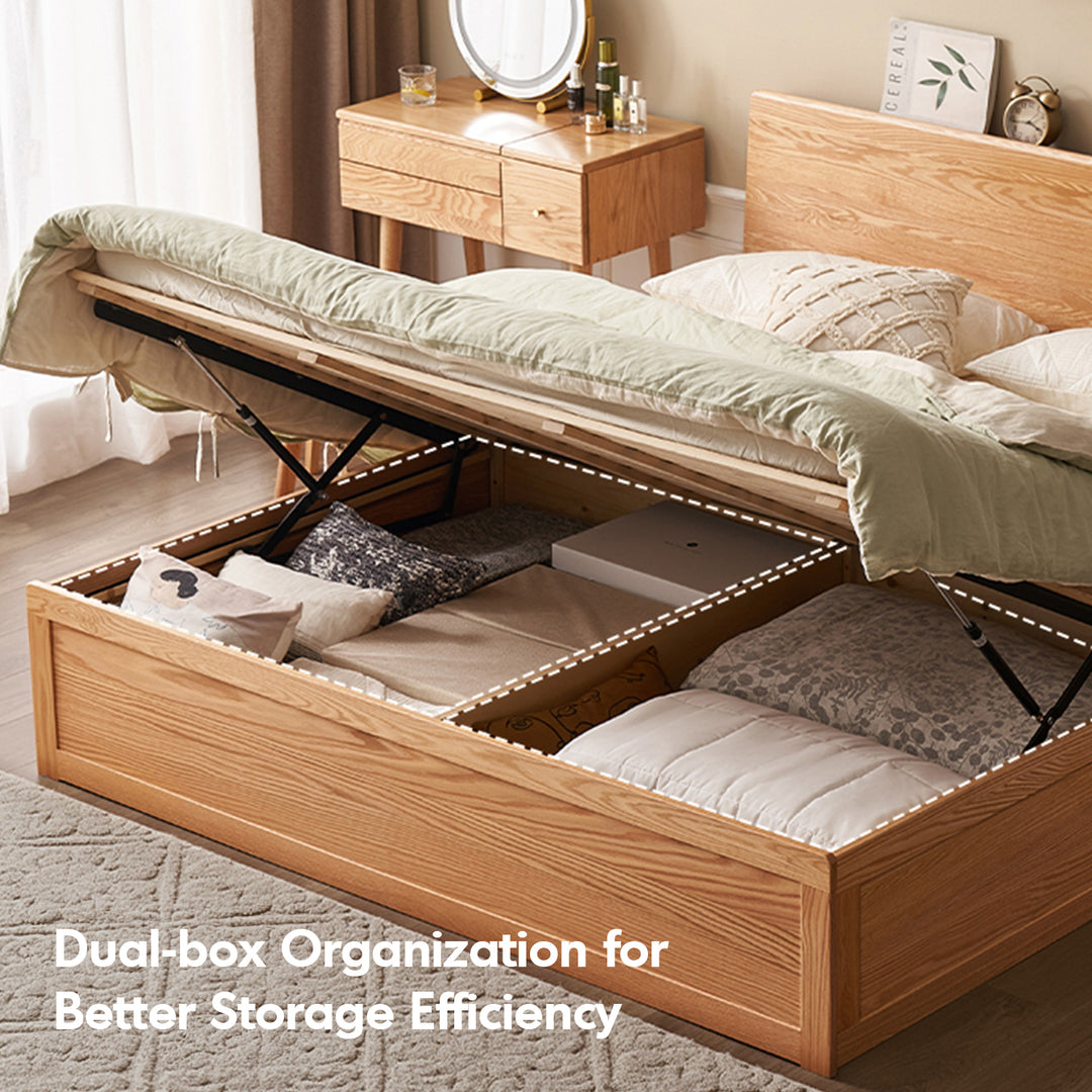 Scandinavian oak wood storage bed shelter in details.