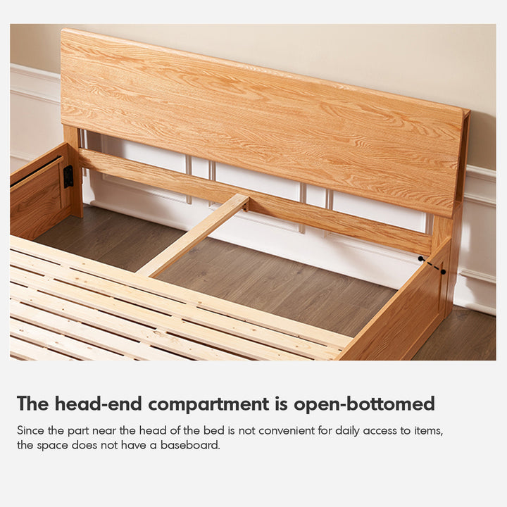 Scandinavian oak wood storage bed shelter in close up details.