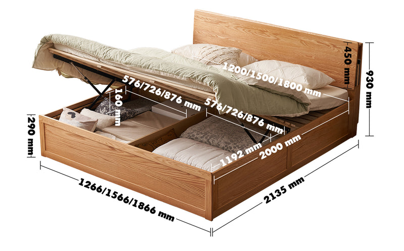 Scandinavian Oak Wood Storage Bed SHELTER Size Chart