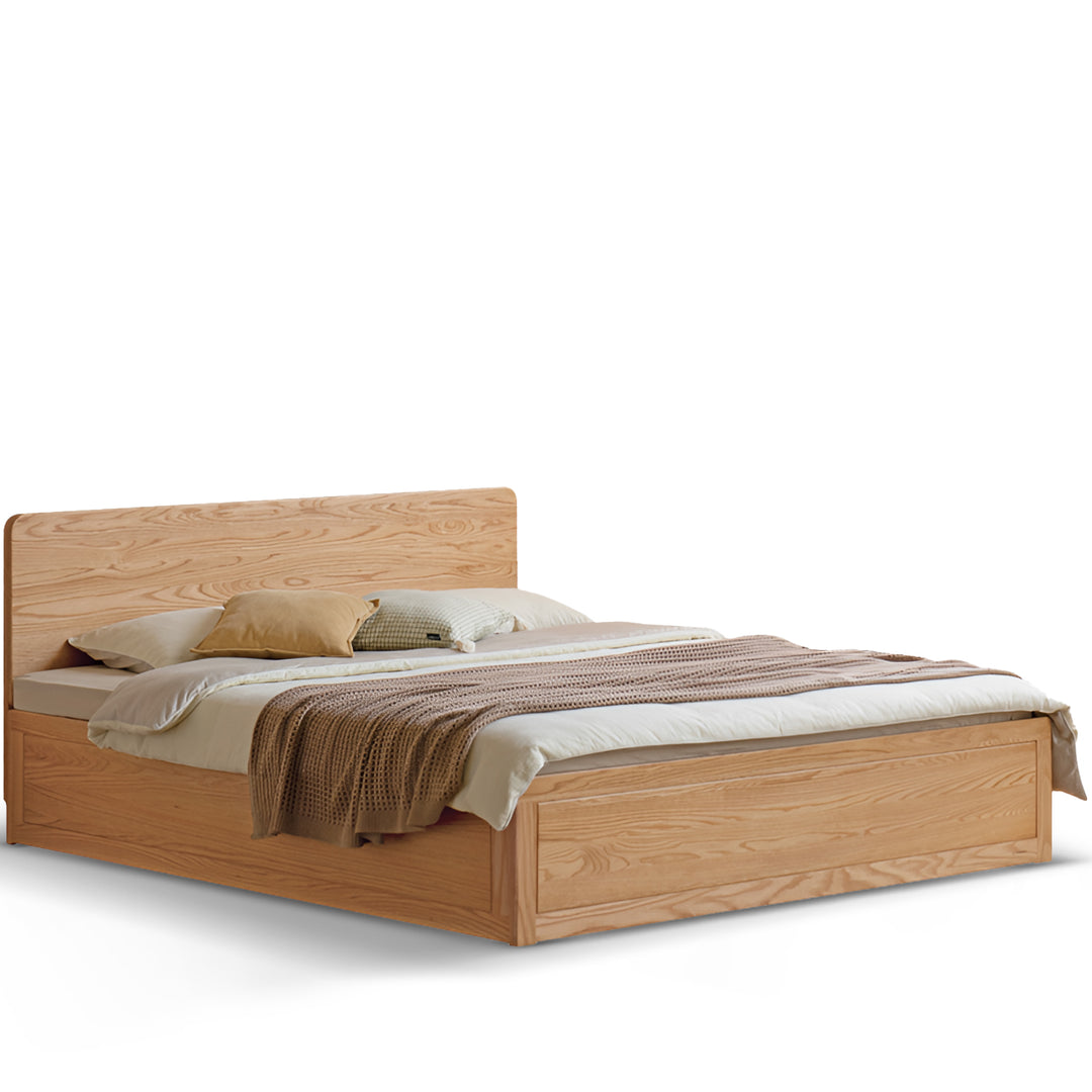 Scandinavian oak wood storage bed solace in white background.