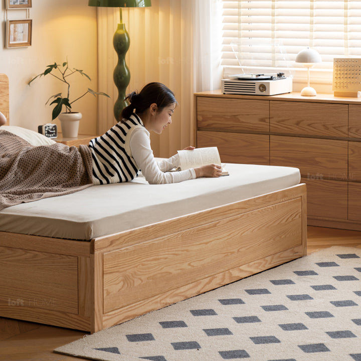 Scandinavian oak wood storage bed solace conceptual design.