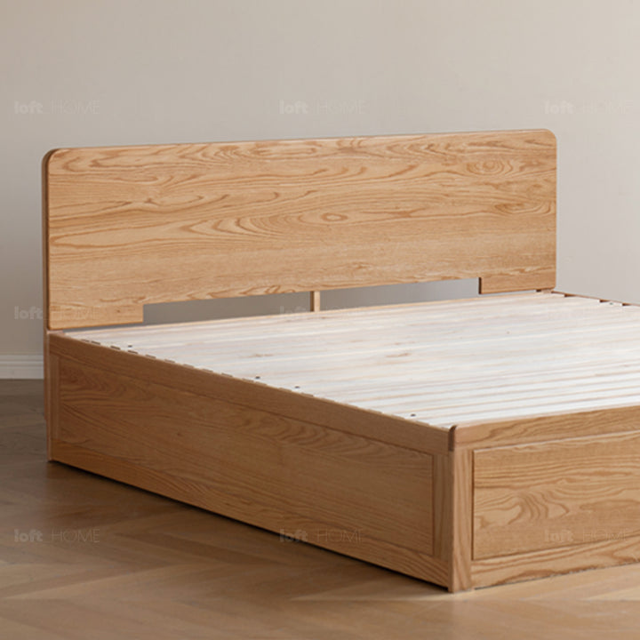 Scandinavian oak wood storage bed solace situational feels.